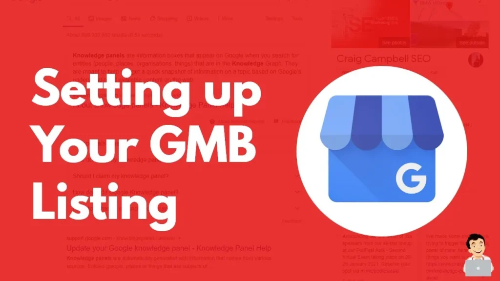 A bold graphic with a red background and large white text reading "Setting up Your GMB Listing," featuring the blue Google Business Profile (formerly Google My Business) storefront icon.